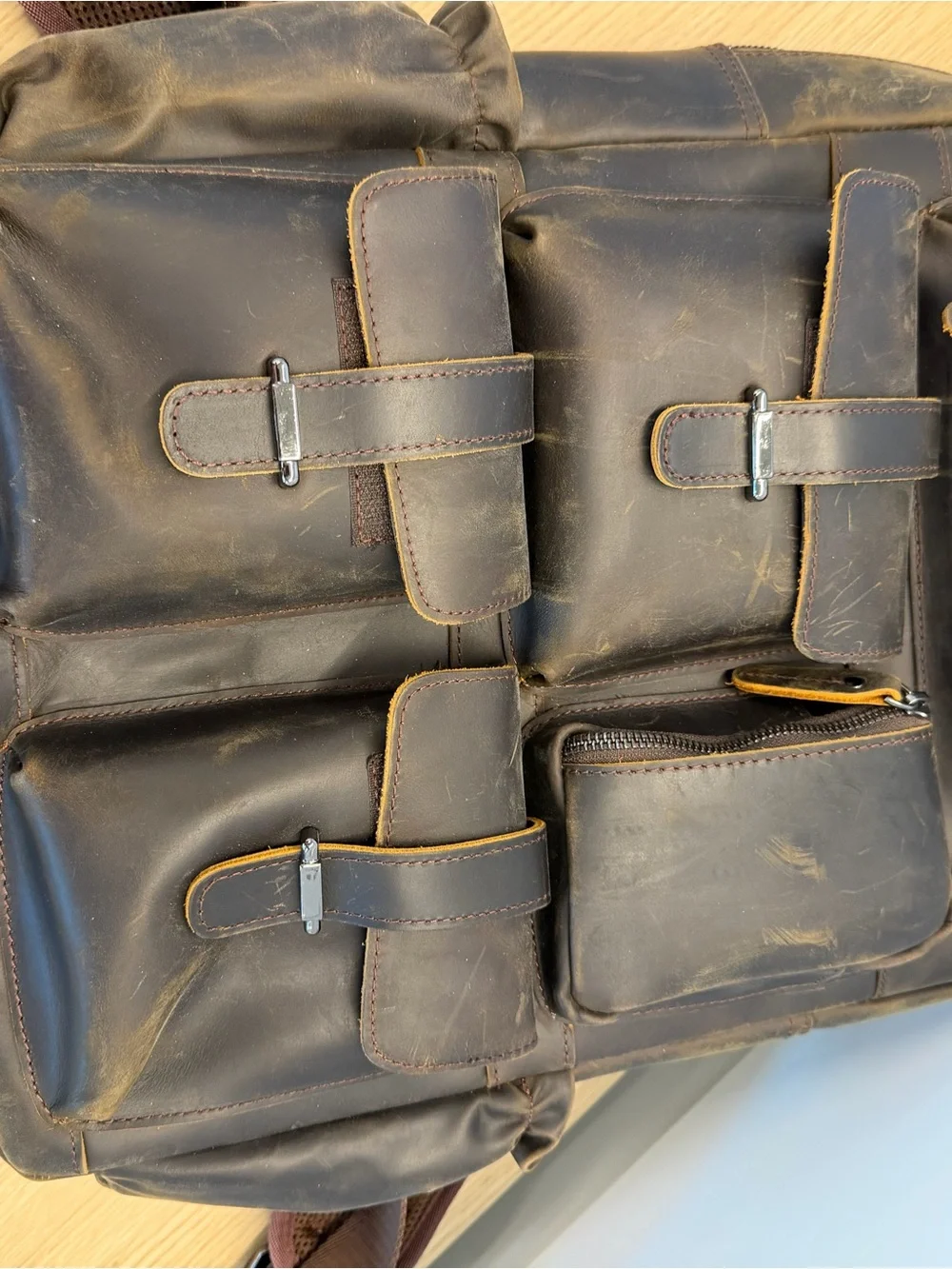 Brown Leather Laptop Backpack with Multiple Front Pockets
